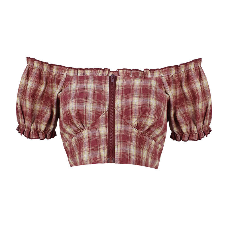 Damen Cropped Bluse mit Puffärmeln und Reißverschluss R&B