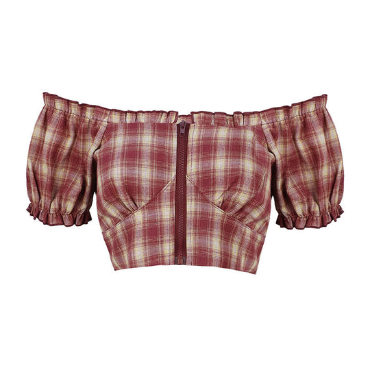 Damen Cropped Bluse mit Puffärmeln und Reißverschluss R&B