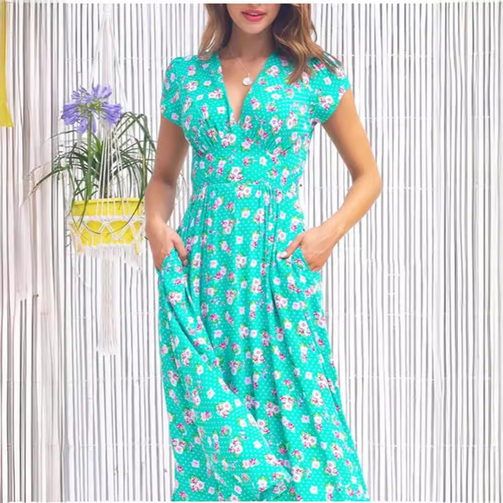 Damen Maxi-Kleid mit floralen Mustern und Taschen R&B