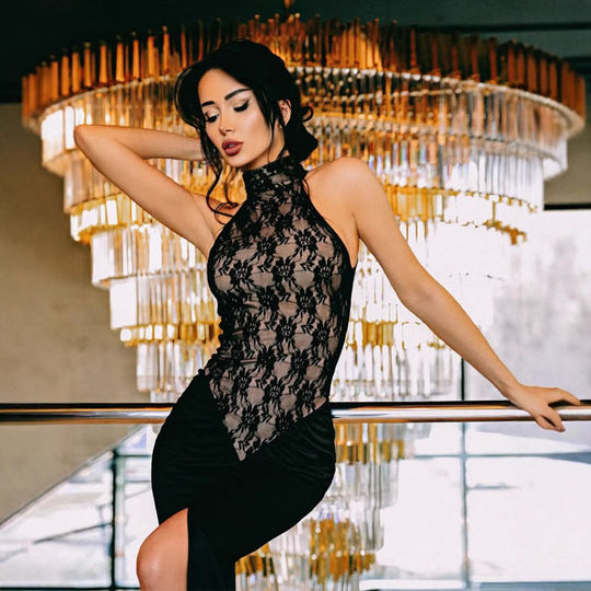 Damen elegantes Transparentes Spitzenkleid mit asymmetrischem Rock R&B