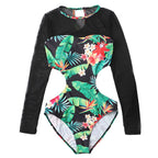 Damen Einteiler Badeanzug mit floralen Cut-Outs und transparenten Ärmel-Details R&B