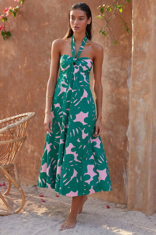 Damen Maxi Kleid mit raffiniertem Halterneck und trendigem Print R&B