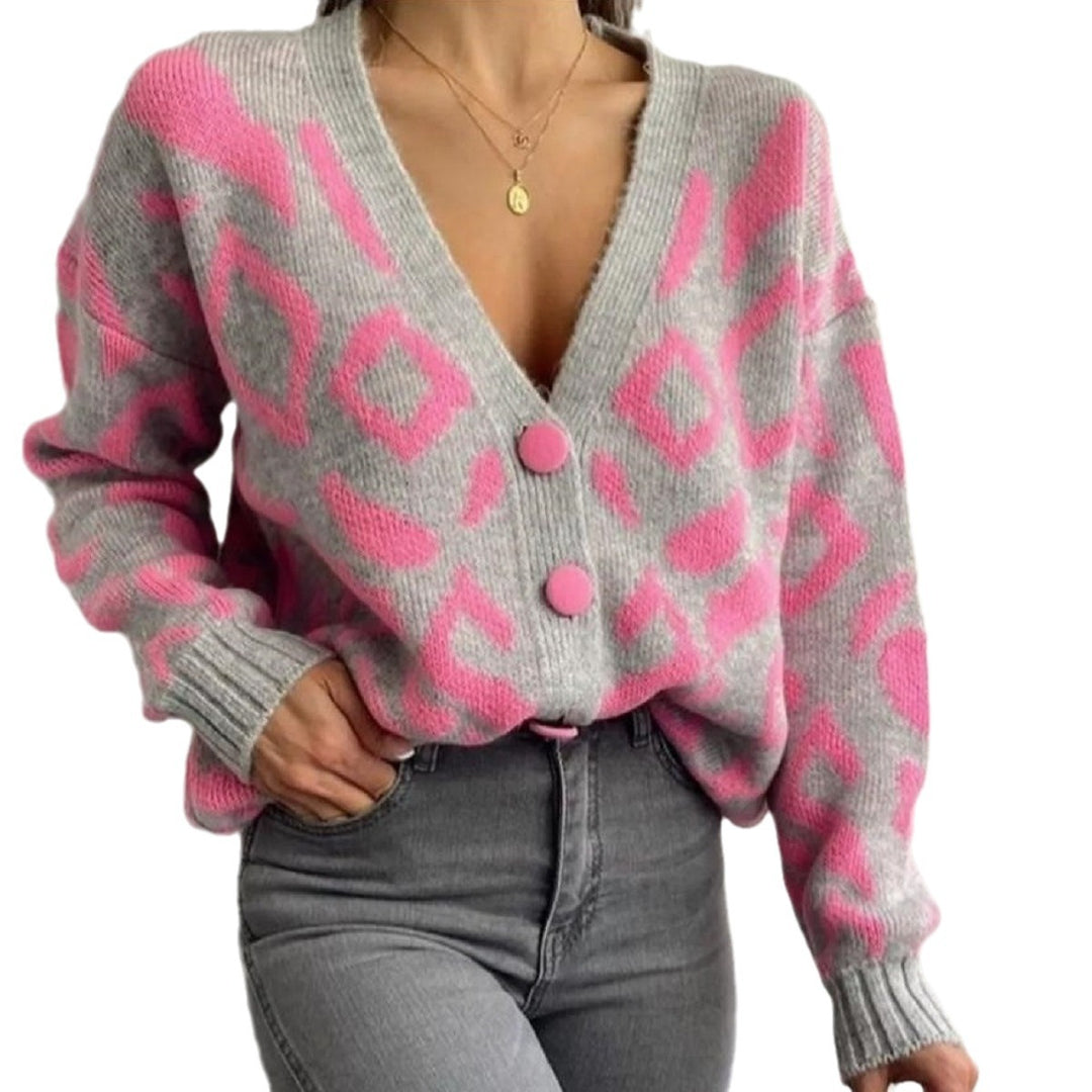 Damen Gemusterte Strickjacke mit modernem Design und Knopfverschluss R&B
