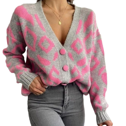 Damen Gemusterte Strickjacke mit modernem Design und Knopfverschluss R&B