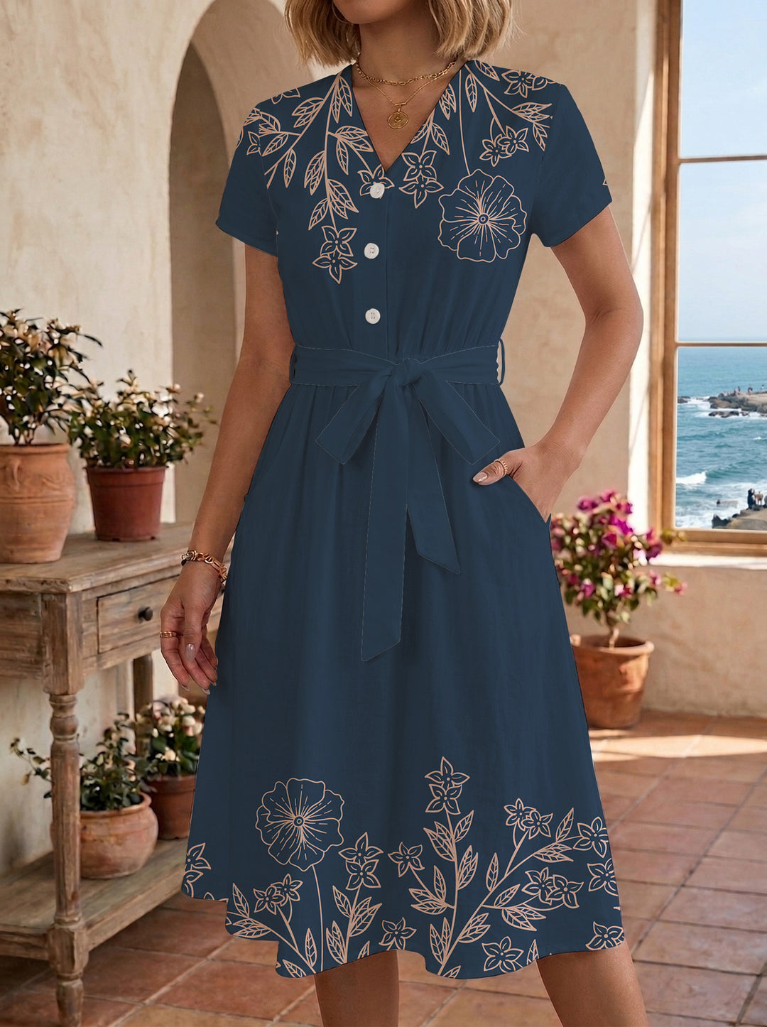 Damen Midi-Kleid mit floralem Design und bequemer Passform R&B