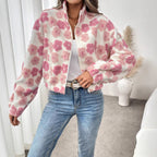 Damen Kuscheljacke mit floralem Relief-Design und Stehkragen R&B