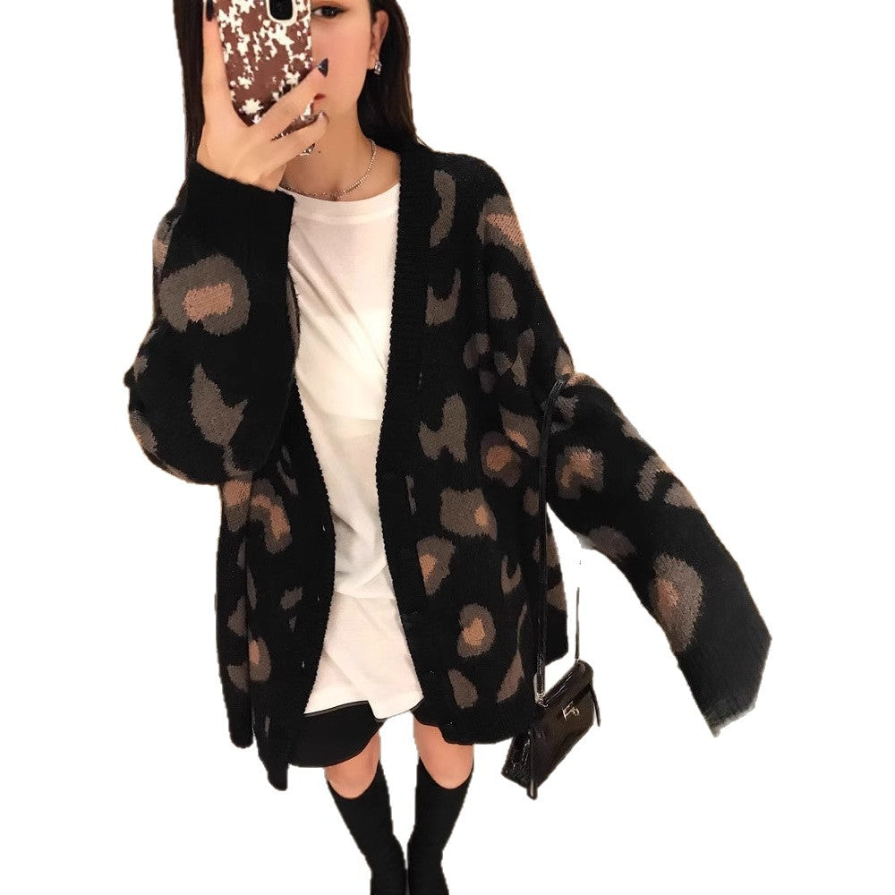 Damen gemütliche Strickjacke mit einzigartigem Leopardenmuster R&B