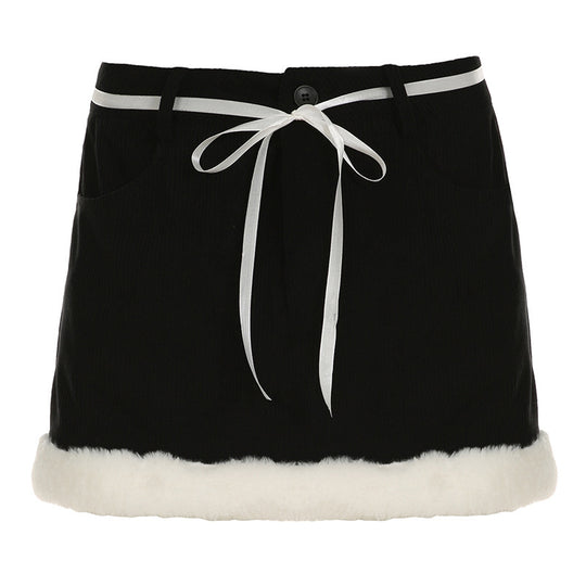 Damen modischer und weicher Cordrock mit flauschigem Bund und verstellbarem Kordelzug R&B