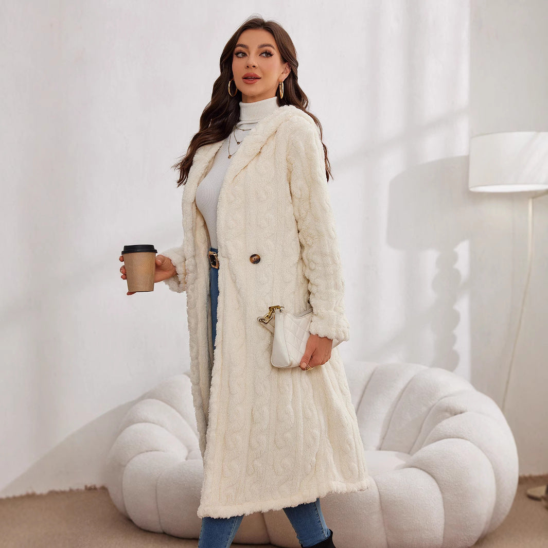 Damen Langer Plüsch-Mantel mit Kapuze R&B