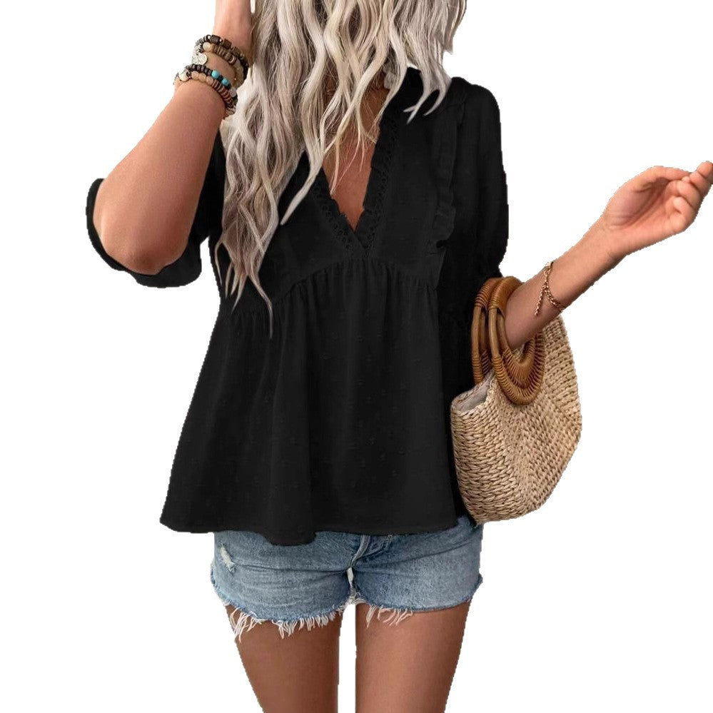 Damen elegantes Blusenshirt mit Rüschendetails und V-Ausschnitt R&B