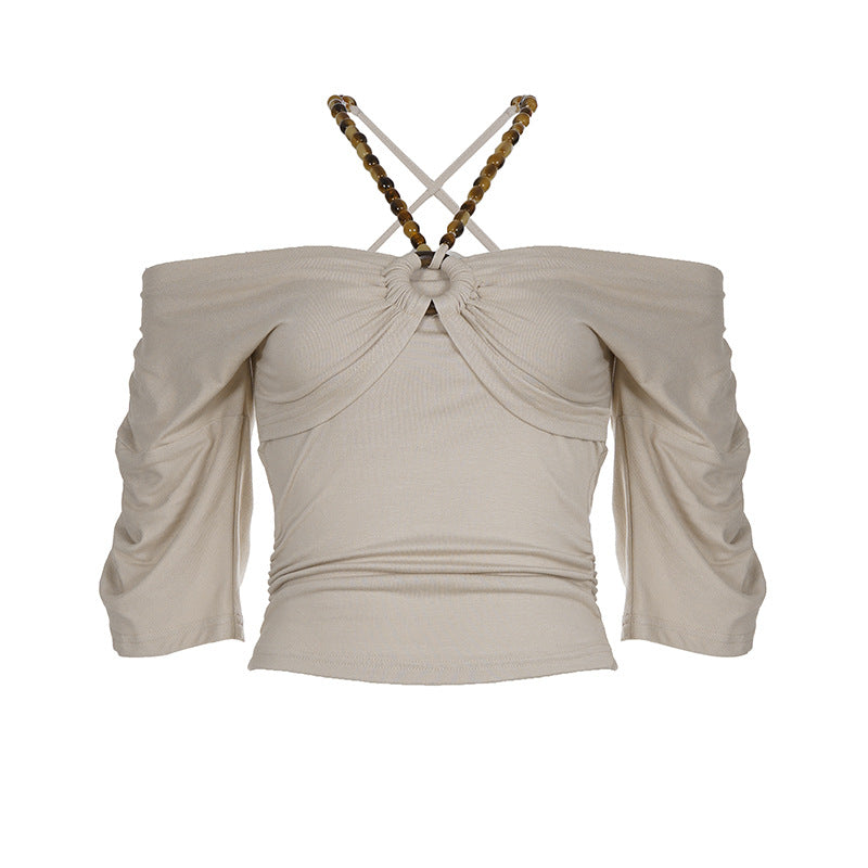 Damen Off-Shoulder Oberteil mit voluminösen Ärmeln und Dekorativem Knoten R&B