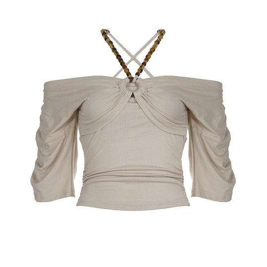 Damen Off-Shoulder Oberteil mit voluminösen Ärmeln und Dekorativem Knoten R&B