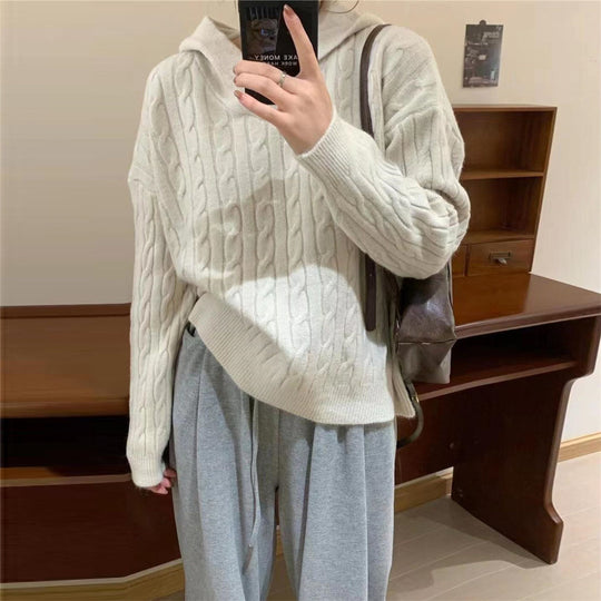 Damen Kuscheliger Strickpullover mit Kapuze und Kabelmuster R&B