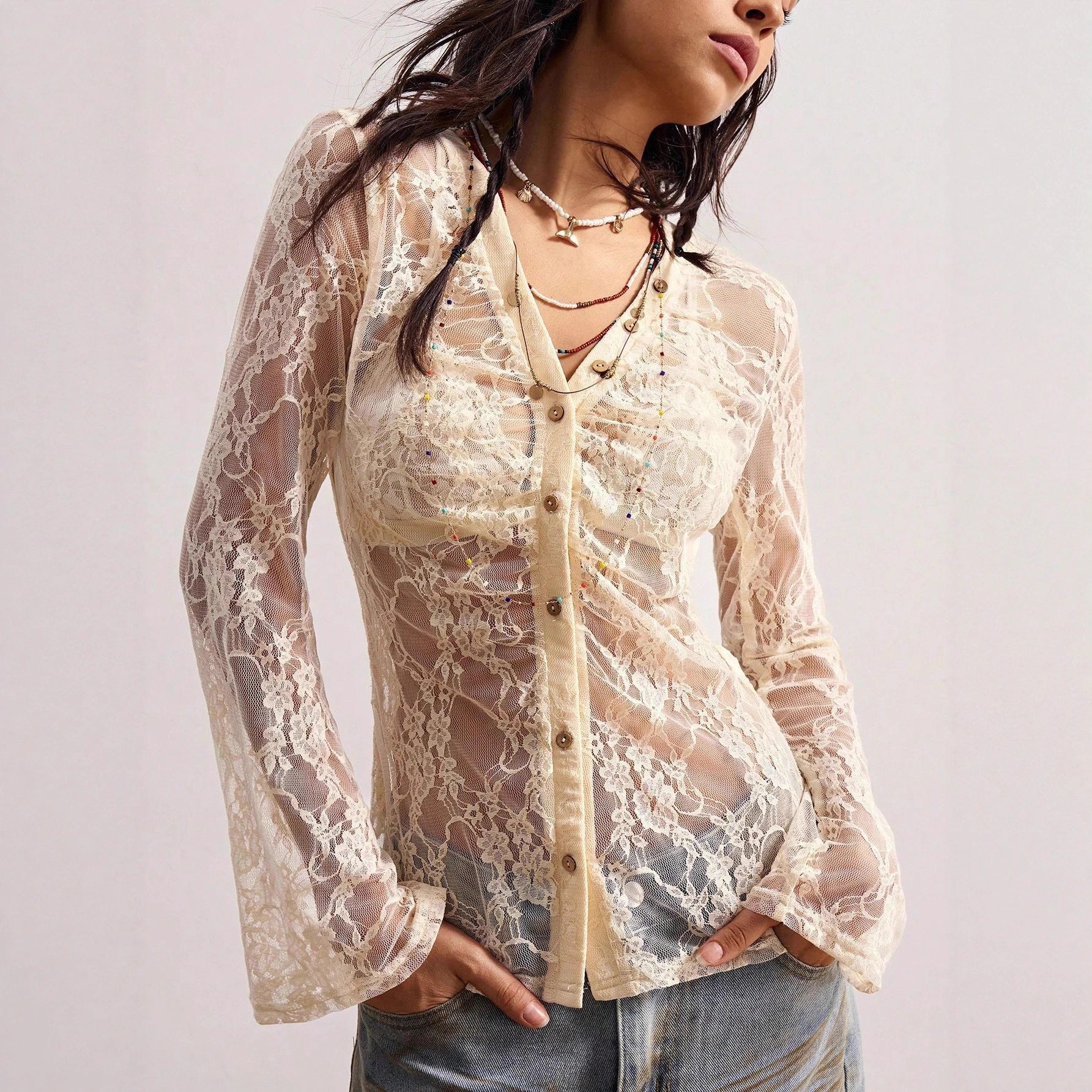 Damen nan zarte Spitzen-Cardigan mit taillierter Silhouette und Knopfleiste R&B
