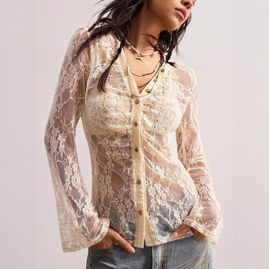 Damen nan zarte Spitzen-Cardigan mit taillierter Silhouette und Knopfleiste R&B
