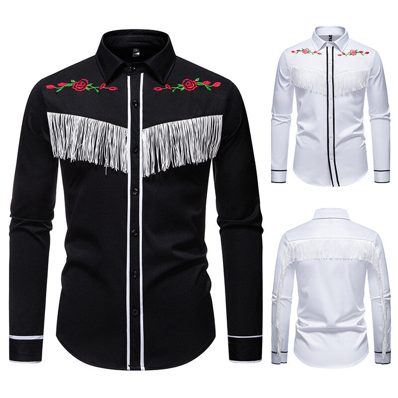 Herren elegante Westernbluse mit Fransen und bestickten Motiven