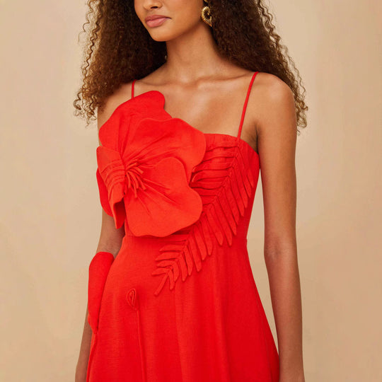 Damen Midi-Kleid mit kunstvollen Rüschendetails und verstellbaren Spaghettiträgern R&B