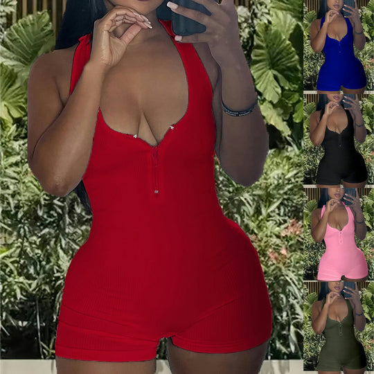Damen Jumpsuit mit tiefem Ausschnitt und Reißverschluss R&B