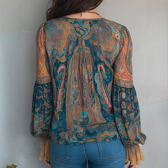 Damen Boho-Chic Bluse mit geflammten Ärmeln und V-Ausschnitt R&B