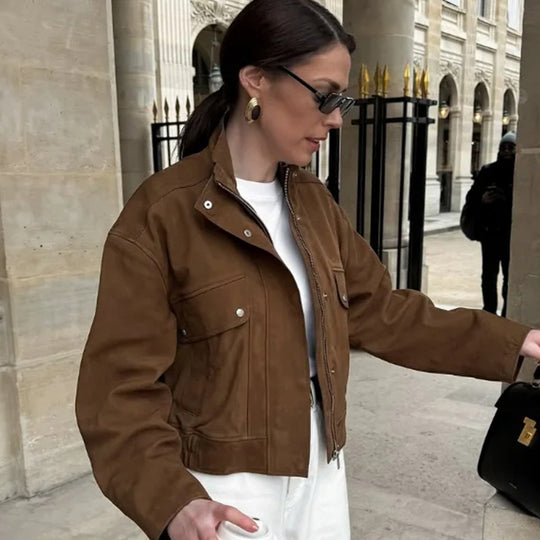 Damen Elegante Kunstlederjacke mit modernem Stehkragen R&B