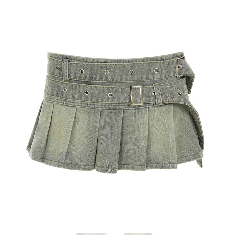 Damen Denim-Rock mit voluminösem Falten-Design und tailliertem Gürtel R&B