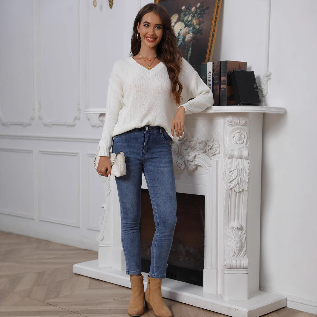 Damen Viskose Strickpullover mit modischem V-Ausschnitt und weitem Schnitt