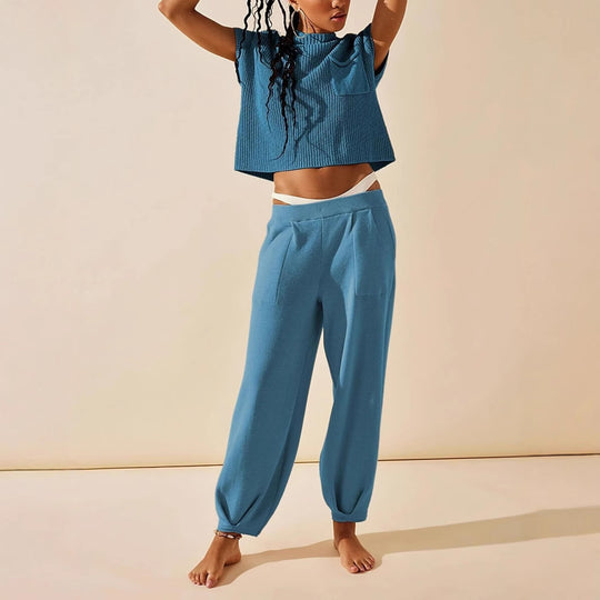 Damen lässiges Strick-Oberteil und weite Hose Set R&B