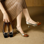 Damen elegante Pumps mit quadratischer Zehenpartie und glanzvollem Schmuckelement