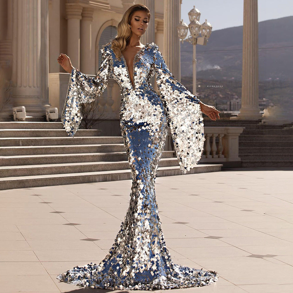 Damen Glamouröses Pailletten Abendkleid mit tiefem V-Ausschnitt und langen Ärmeln R&B