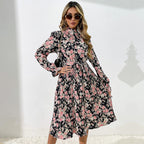 Damen Midikleid mit floralem Muster und Taillengürtel R&B