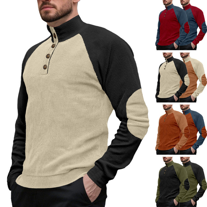 Herren nan zweifarbiger Ripptroyer mit asymmetrischer Knopfleiste und Velours-Ellbogenpatch R&B