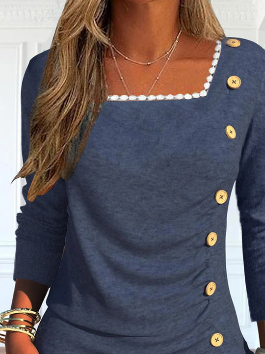 Damen Langarmshirt mit quadratischem Ausschnitt und dekorativen Knopfdetails R&B