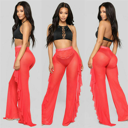 Damen Elegante und luftige Transparent-Hose mit Rüschendetails R&B