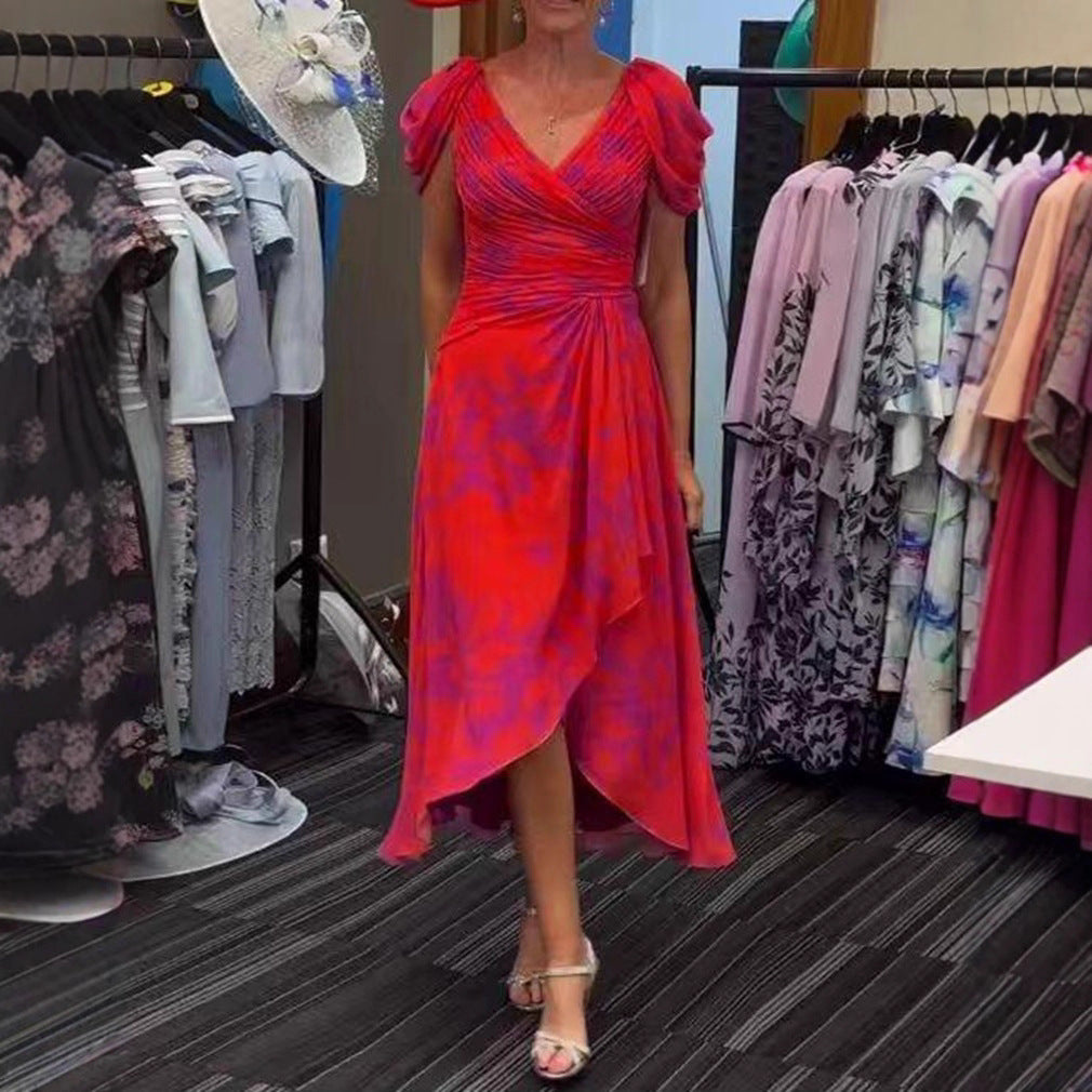 Damen nan festliches Chiffon-Midikleid mit gekreuztem V-Ausschnitt, taillenraffung und asymmetrischem Tulpenrock R&B
