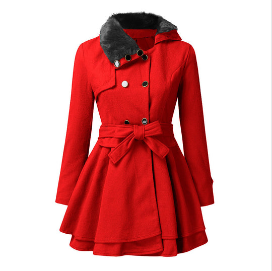 Damen eleganter Trenchcoat mit abnehmbarem Fellkragen und Taillengürtel R&B