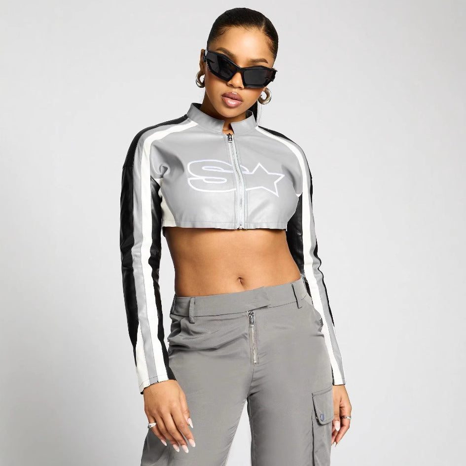 Damen cropped Sportjacke mit stylischem Reißverschluss und kontrastierenden Streifen R&B