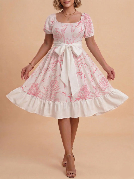 Damen Retro Maxikleid mit Puffärmeln und Taillengürtel R&B