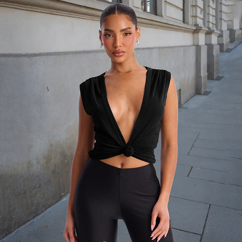 Damen Stylishes Wickeloberteil mit tiefem V-Ausschnitt und Knoten-Detail R&B