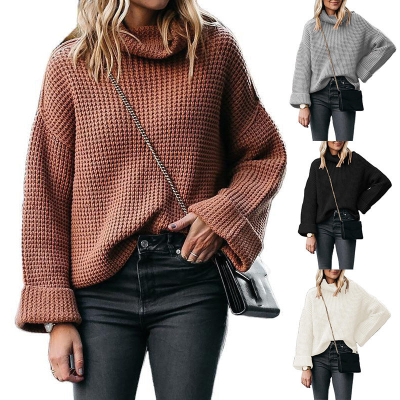 Damen Oversized Strickpullover mit hohem Kragen und strukturiertem Wabenmuster R&B