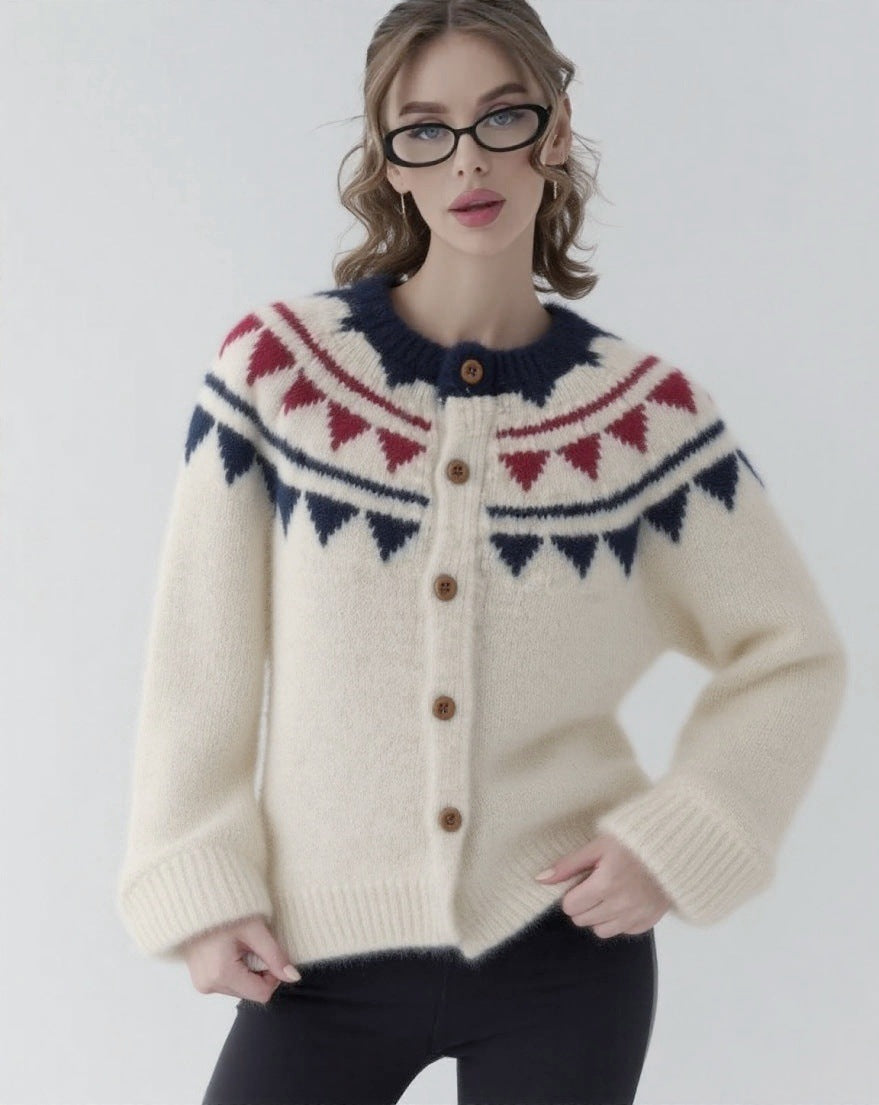 Damen kuscheliger Strickcardigan mit grafischem Norweger-Muster und Holzknopfdetails R&B
