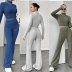 Damen Strickfleece Set mit hohem Kragen und ausgestellten Hosen R&B