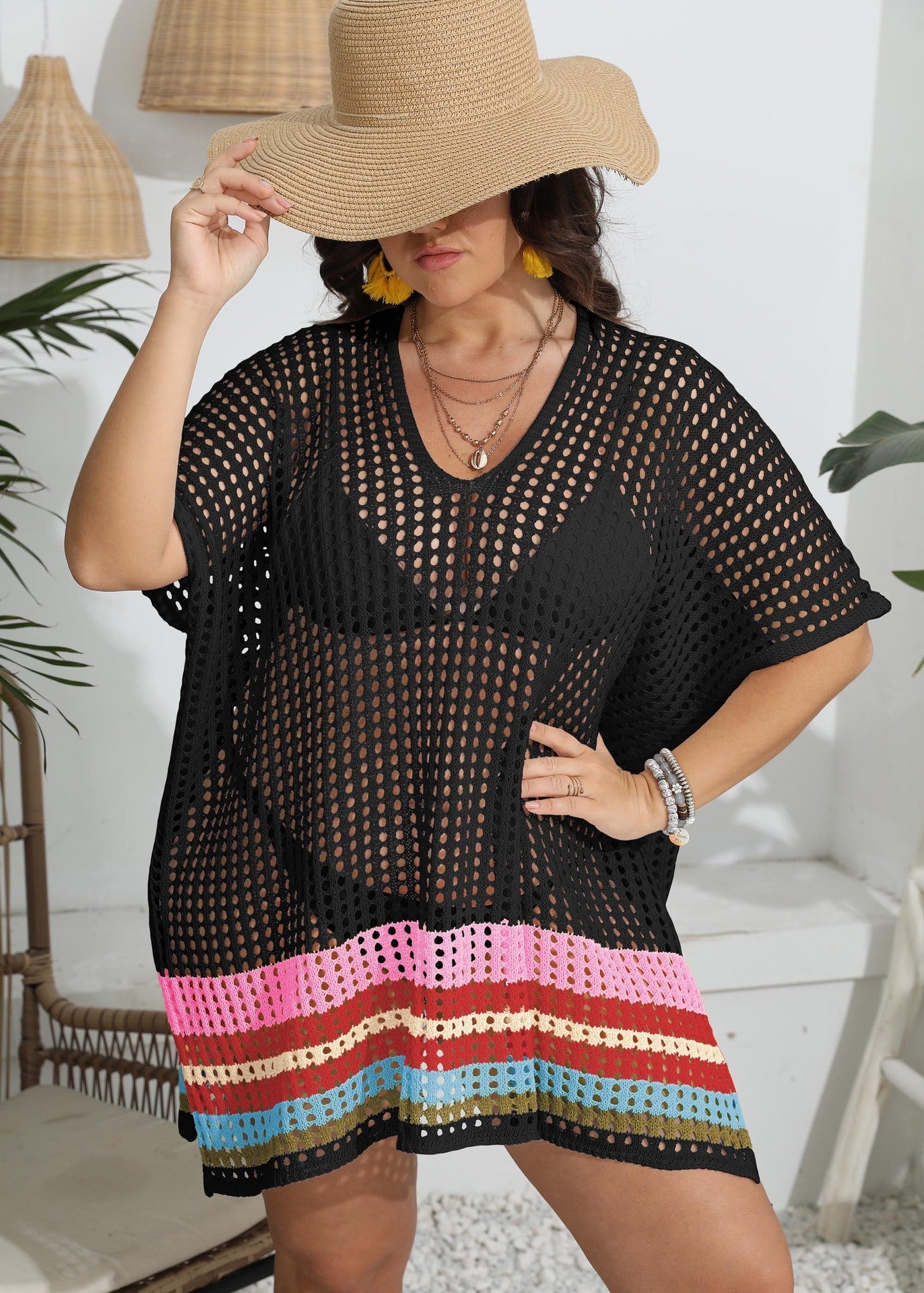Damen transparenter Strandüberwurf mit buntem Lochdesign R&B