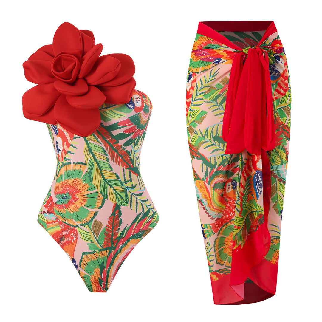 Damen Eleganter Badeanzug mit großem Blumen-Detail und transparentem Überrock R&B
