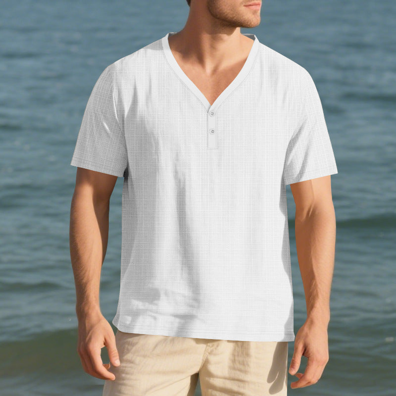 Herren lässiges Kurzarm-Henley-Shirt mit strukturierter Oberfläche R&B
