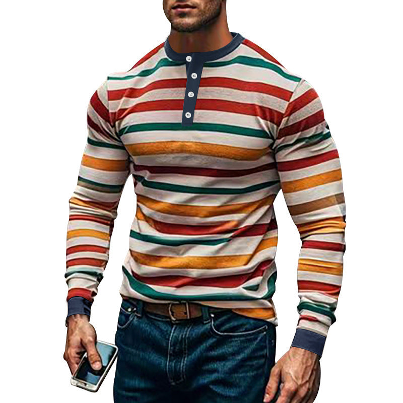 Herren nan gestreiftes Langarm-Henleyshirt mit Stehkragen und Knopfleiste R&B