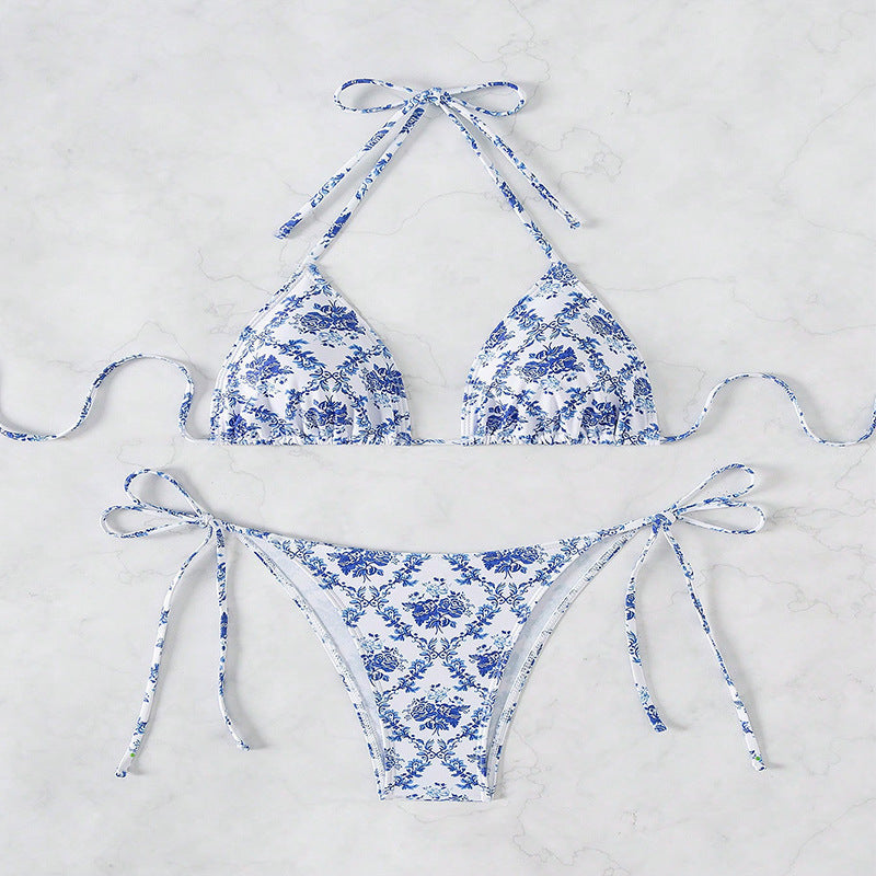 Damen Triangel-Bikini mit modischem Blütenmuster und verstellbaren Trägern R&B