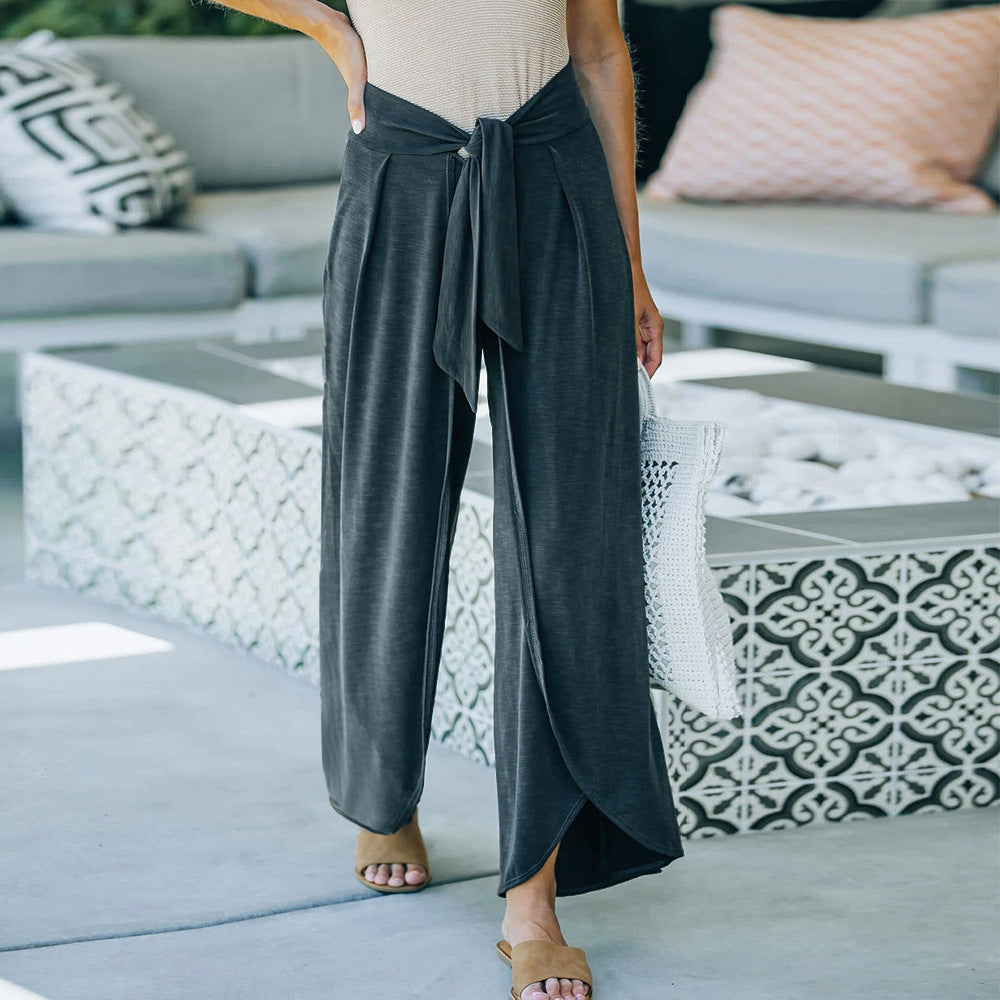 Damen elegante Palazzo-Hose mit stylichem Bindegürtel und hohem Bund R&B