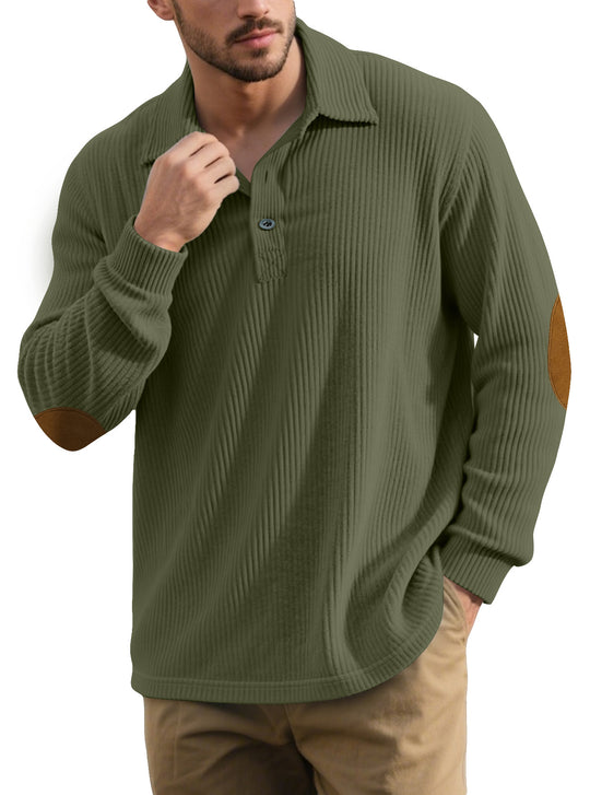 Herren nan gerippter Freizeit-Polo mit Kentkragen, kurzer Knopfleiste und Velours-Ellenbogenpatch R&B