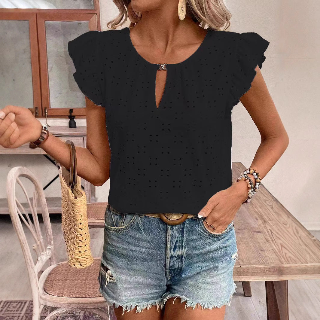 Damen Bluse mit Rüschendetails und verspieltem Lochmuster R&B