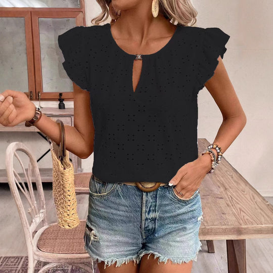 Damen Bluse mit Rüschendetails und verspieltem Lochmuster R&B